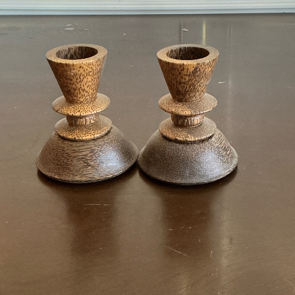 Coconut Wood Rustic Brown Wooden Candle Holder Pair NOS